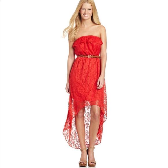 Trixxi Dresses & Skirts - Trixxi Belted Strapless Lace Short Long Lace Dress, size Medium M